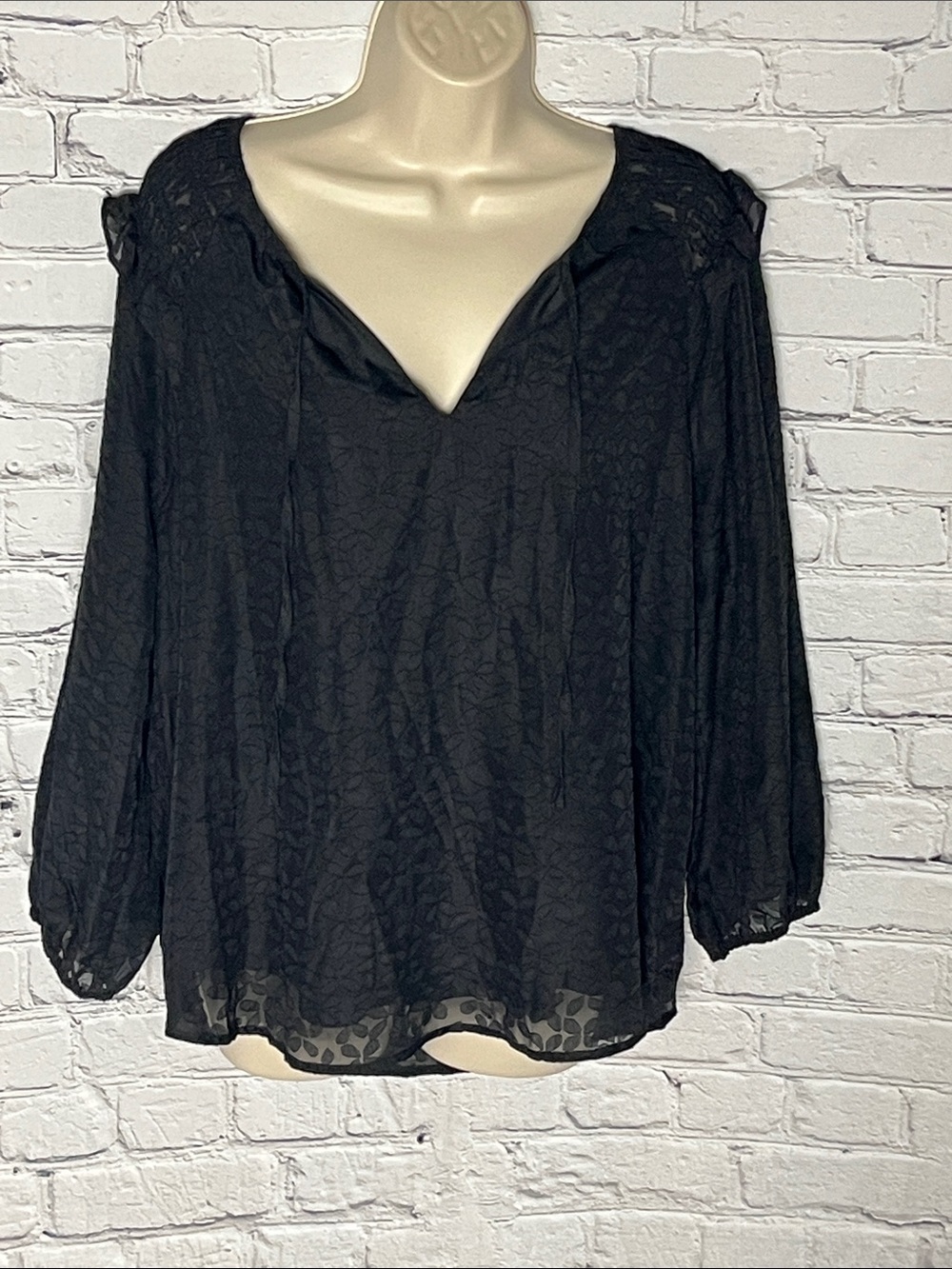 Simply Vera Vera Wang Black V-Neck Sheer Blouse with Lace Yoke